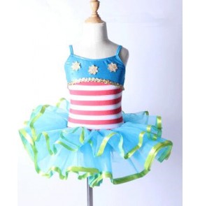 Turquoise blue green red and white striped patchwork strap backless sleeveless girls kids children performance competition professional  leotard tutu ballet dresses outfits